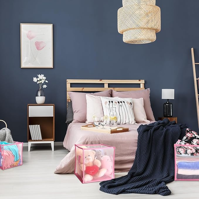 Zopeal 6 Pack Popup Laundry Hamper 13 Inch Collapsible Laundry Baskets with Handles Mesh Clothes Baskets Portable Single Layer Foldable Clothes Hamper Square Bin for Washing (Pink,Single-layer)