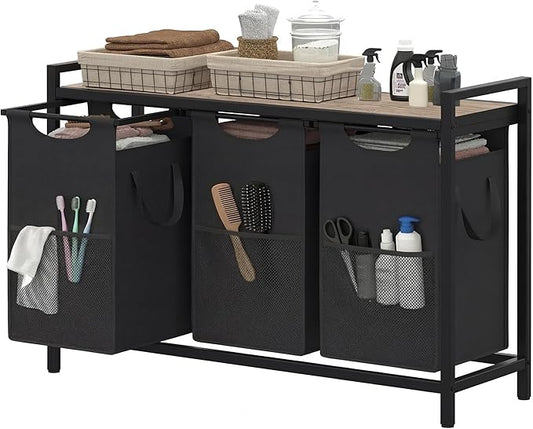 Heybly Laundry Hampers, 3 × 15 Gal (171 L) Laundry Basket with Large Desktop Sorter for Laundry Room organization, Bathroom and Dorm Laundry Bags on Storage Shelf Greige HLH003SG