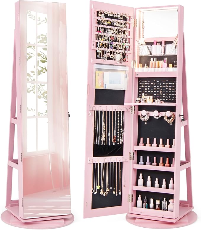 GOFLAME 360° Rotating Jewelry Cabinet with Full-Length Mirror, Freestanding Jewelry Armoire with 3-Color LED Light and Back Storage Shelf, Lockable Jewelry Organizer for Bedroom Cloakroom, Pink