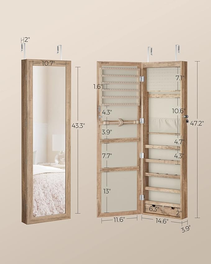 SONGMICS 6 LEDs Mirror Jewelry Cabinet, 47.2-Inch Tall Lockable Wall or Door Mounted Jewelry Armoire Organizer with Mirror, 2 Drawers, 3.9 x 14.6 x 47.2 Inches, Toasted Oak Color UJJC093N01