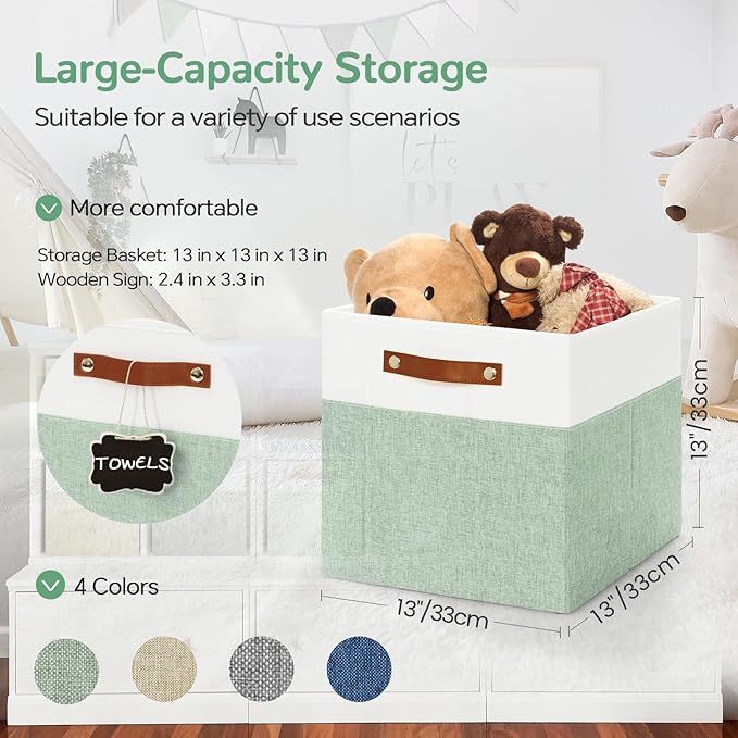 13x13 Storage Cubes 4-Pack, Large Foldable Fabric Cube Storage Bin with Reinforced Bottom and Labels, Organizer Baskets for Shelves, Closets(White/Green)