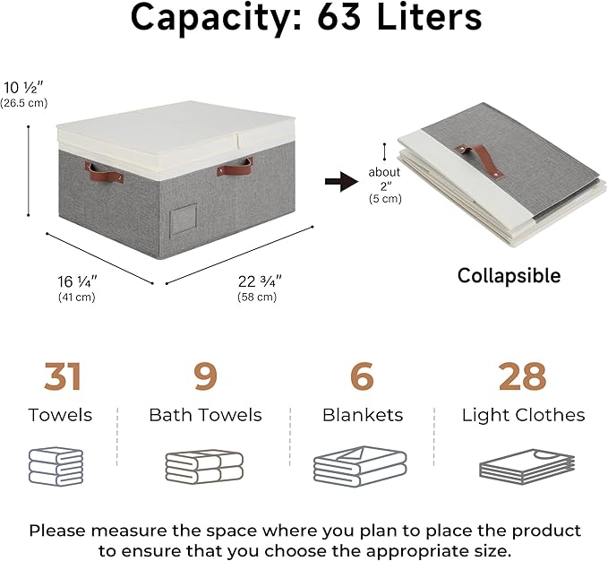 GRANNY SAYS Decorative Storage Boxes with Lids, Collapsible Large Closet Storage Bins with Label, Fabric Storage Bins for Clothes, 63L, White&Gray