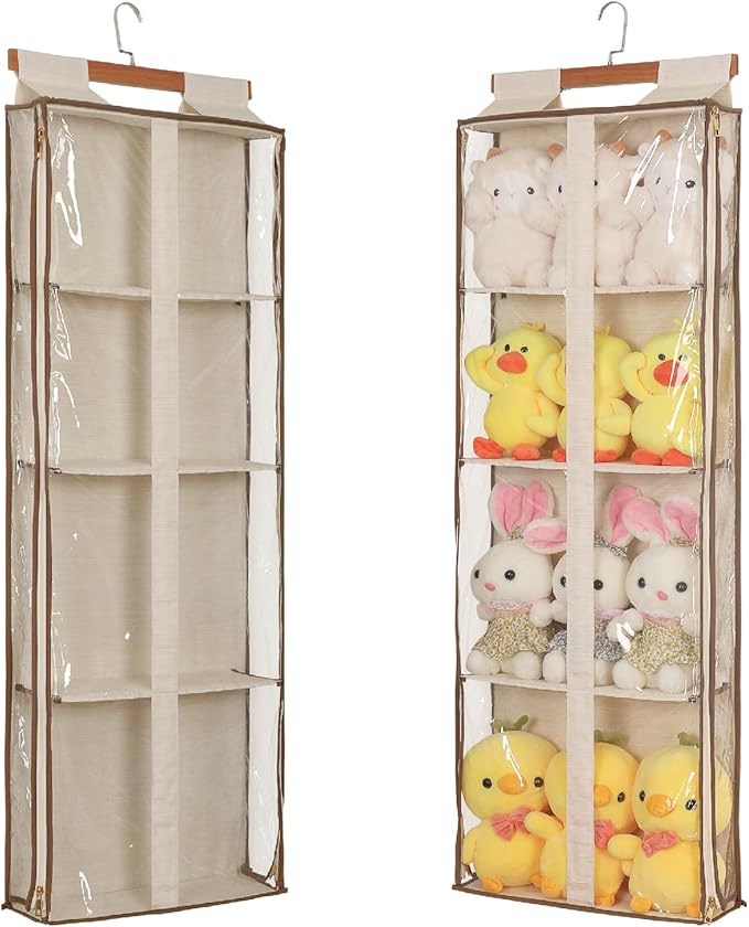 Clear Hanging Handbag Storage Organizer with Zippers, Easy Access Purse,Toy,Yarn,Hat Storage Over The Door Purse Organizer Space Saving 4 Pockets for Closet Bedroom Living Room (Beige)
