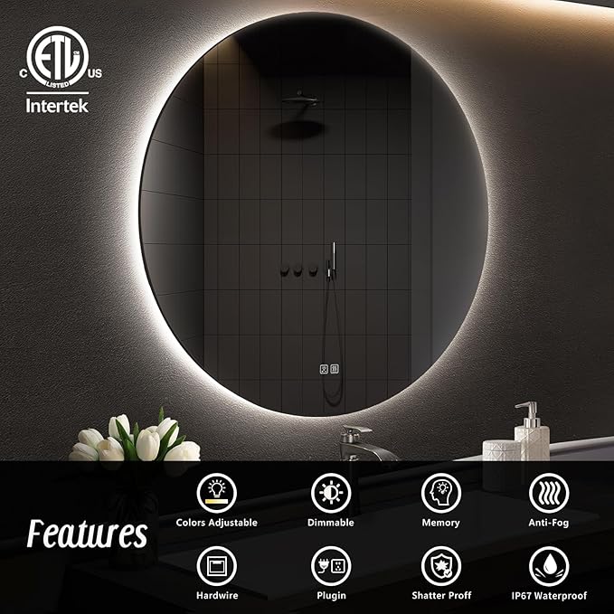 APRILSOUL 40 Inch Round LED Backlit Bathroom Mirror, Vanity Mirror with Anti-Fog, Touch Button, 3 Colors and Dimmable Light