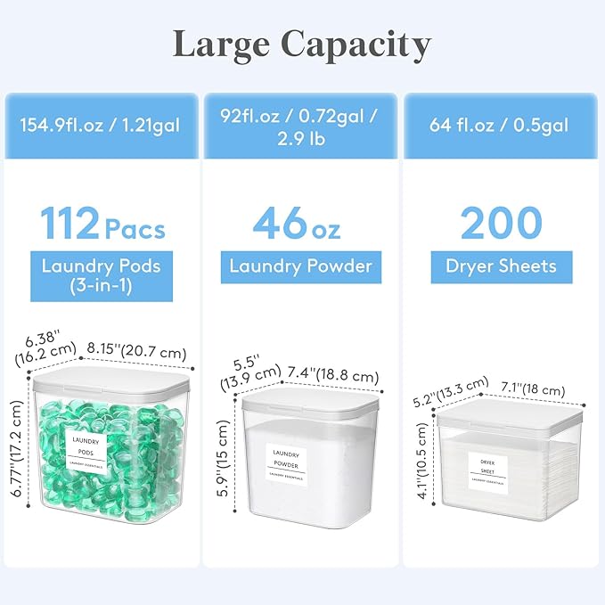 Lifewit Laundry Pods Container with Pop-up Lid, Detergent Dispenser, Dryer Sheet Holder, Laundry Room Organization Storage Jars for Washing Powder, Soap, Scent Booster Beads,0.5+0.72+1.2gal, 4 Pcs