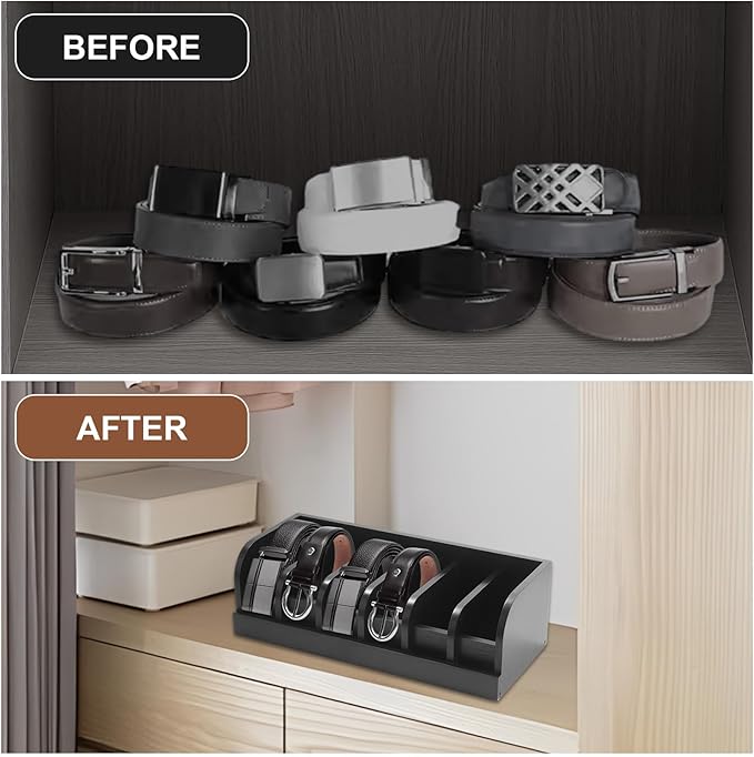 2 Pack Belt Organizer, 6 Compartment Bamboo Belt Organizer for Closet and Drawer, Display Case for Tie and Belt, Belt Holder Storage for Men Women, Black