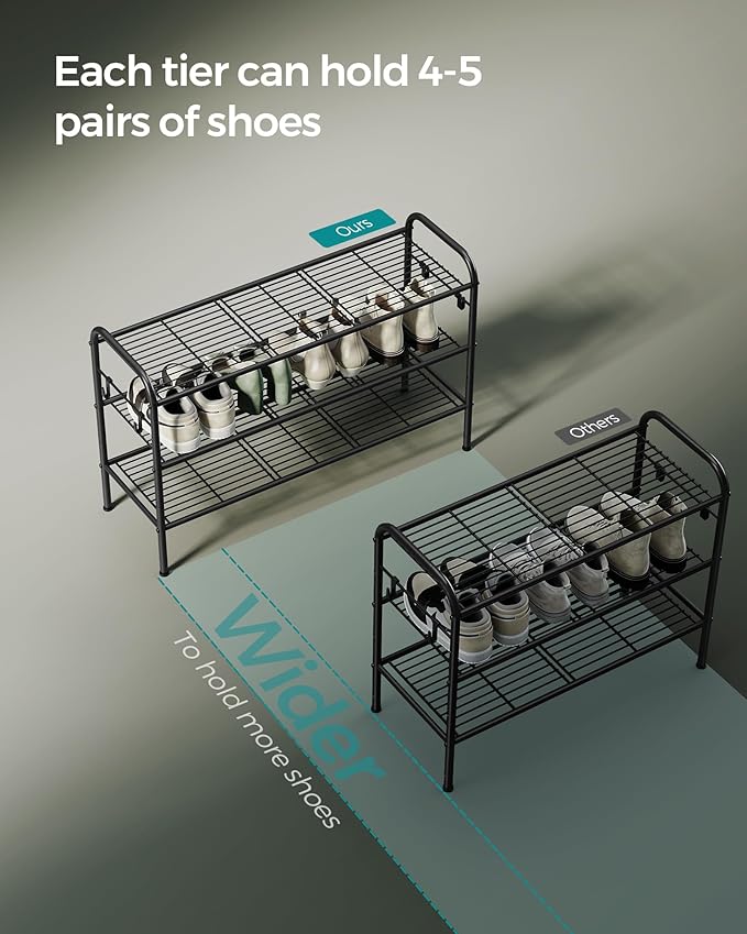 SONGMICS Shoe Rack, 3-Tier Shoe Organizer, Metal Shoe Shelf Storage with 4 Side Hooks, Holds 15 Pairs of Shoes, Height-Adjustable Shoe Rack for Entryway, Hallway, Closet, Ink Black ULMR138B01