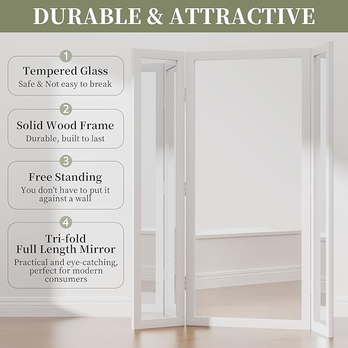 3 Way Mirror Full Length with Tempered Glass 71"x67", 3 Panel Oversized Trifold Floor Mirror with Wood Frame, Decorative Folding Mirror for Home,Wedding Dress/Clothing Shop/Bedroom/Closet (White)