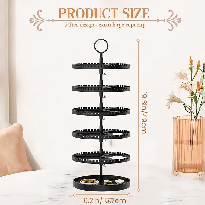 iDavosic.ly 5 Tier Rotating Earring Holder Organizer with Metal Tray, Adjustable Plastic Dangle Display Stands Tree with 285 Grooves, Large Hoop Storage Rack Tower, Black
