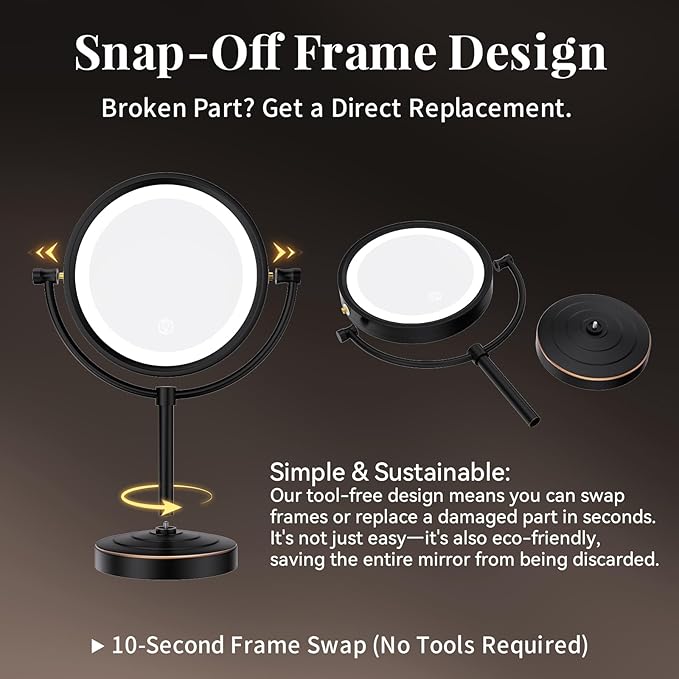 GURUN 8.5 Inch Rechargeable Tabletop LED Lighted Makeup Mirror with 10x Magnification 4500mAh Battery Double Sided Vanity Mirror Oil-Rubbed Bronze M2208DO(8.5in,10x)