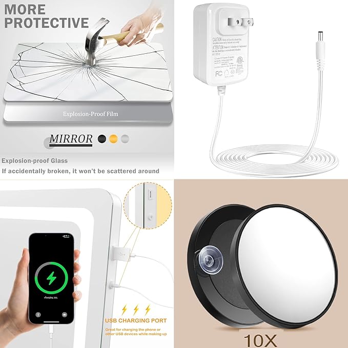 Makeup Vanity Mirror with Lights 32" x 24" Large LED Makeup Mirror, Light up Mirror with 10X Magnification and USB Charging Port, with Dimmable 3 Modes, Touch Screen Control Round White