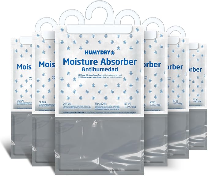 HUMYDRY Hanging Moisture Absorber for Closets, Pack of 6 Unscented 15.9 Oz Dehumidifier Bags, Non Electric Humidity Absorbers for Wardrobes Clothes Storage Areas and Small Enclosed Spaces