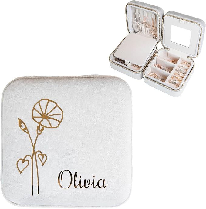 Customizable Compact Velvet Jewelry Box with Mirror, Travel Jewelry Case, Travel Jewelry Organizer, Jewelry Box for Women and Girls, Small Jewelry Organizer (Flower Design, Milky Gray)