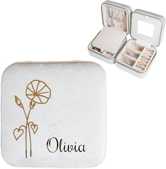 Customizable Compact Velvet Jewelry Box with Mirror, Travel Jewelry Case, Travel Jewelry Organizer, Jewelry Box for Women and Girls, Small Jewelry Organizer (Flower Design, Milky Gray)