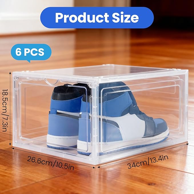 6Pack Shoe Storage Boxes, Shoe Boxes Clear Plastic Stackable, Shoes Storage Organizer with Magnetic Door, Thicken & Sturdy Shoes Organizer for Closet Sneaker Boot Container, 13.4x10.5x7.3 inch