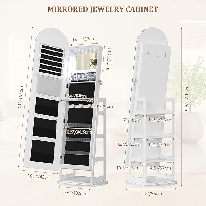 LVSOMT LED Mirror Jewelry Cabinet Standing, Lockable Jewelry Armoire with Arched Full-Length Mirror and Adjustable LED Lights, Space-Saving Jewelry Organizer with Mirror(White)