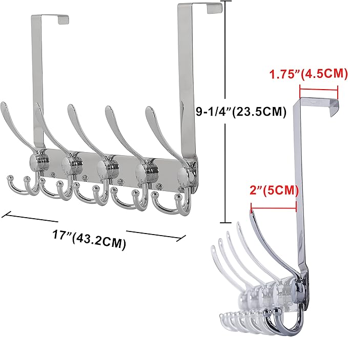 Dseap Over The Door Hook Hanger - Fits 1 3/8" to 1 3/4" Standard Doors | 5 Tri Hooks Heavy Duty Towel/Coat Rack | Door Organizer for Clothes, Jackets, Hats, Towels, Chromed