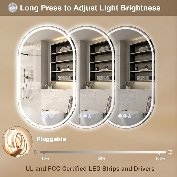 BEAUTYPEAK 40x24 LED Oval Bathroom Mirror with Lights, Anti-Fog, Dimmable, Backlit + Front Lit, Lighted Bathroom Vanity Mirror for Wall, 3 Colors, Memory Function, Tempered Glass, Shatter-Proof