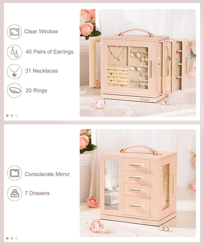 Homde Valentine's Day gifts Jewelry Box 360° Rotating, Necklace Earring Organizer with Transparent Window, Mirror, 7 Drawers, Large Ring Display Storage Case for Girls Women (Peach Pink)