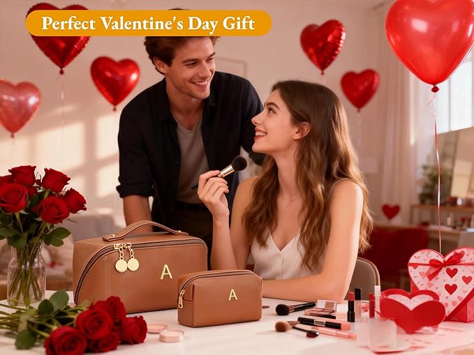 Valentine's Day Gifts for Women Teen Girl, Personalized Initial Makeup Organizer Bag Set, Open Flat Travel Cosmetic Bag With Clear Divider and Handle(Brown,L)