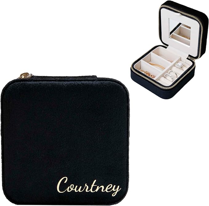 Customizable Compact Velvet Jewelry Box with Mirror, Travel Jewelry Case, Travel Jewelry Organizer, Jewelry Box for Women and Girls, Small Jewelry Organizer (Bottom Right Text, Black)