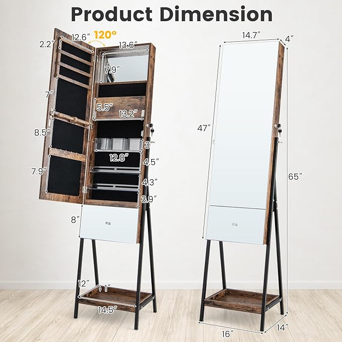 CHARMAID Jewelry Cabinet Armoire with Full Length Mirror, 3-Color Light Strips, Mirrored Tilt out Drawer, Lockable Standing Jewelry Organizer with Storage Shelves, Metal Stand (Rustic Brown)