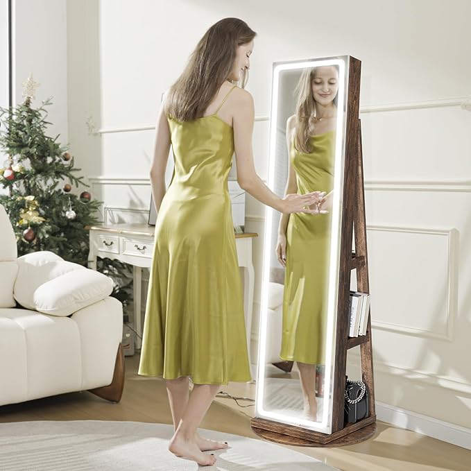 LED Mirror Jewelry Cabinet Standing, Swivel Jewelry Armoire with Full Length LED Mirror and Adjustable Lights, Lockable Jewelry Storage Organizer, Brown