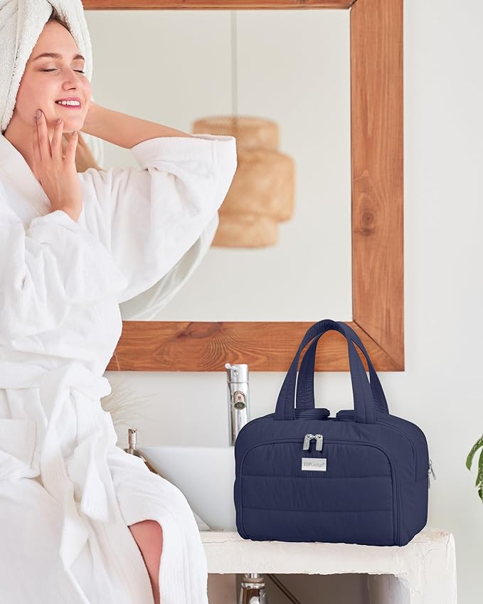 TOPDesign Travel Toiletry Bag for Women, Puffer Large Toiletry Bag, Lightweight Cosmetic Makeup Organizer with Handle for Traveling, Accessories, Essentials, Toiletries (Navy Blue)