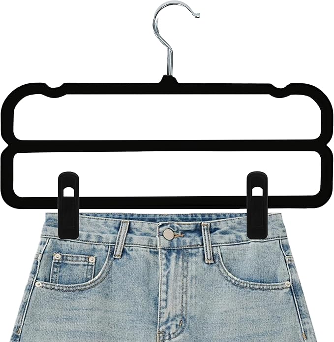 Velvet Pants Hangers with Double Non Slip Bar - with Adjustable Clips- Thin Space Saving Clothes Hanger - 360° Swivel Felt Trouser Hanger Perchas Terciopelo 10 Pack (Black)