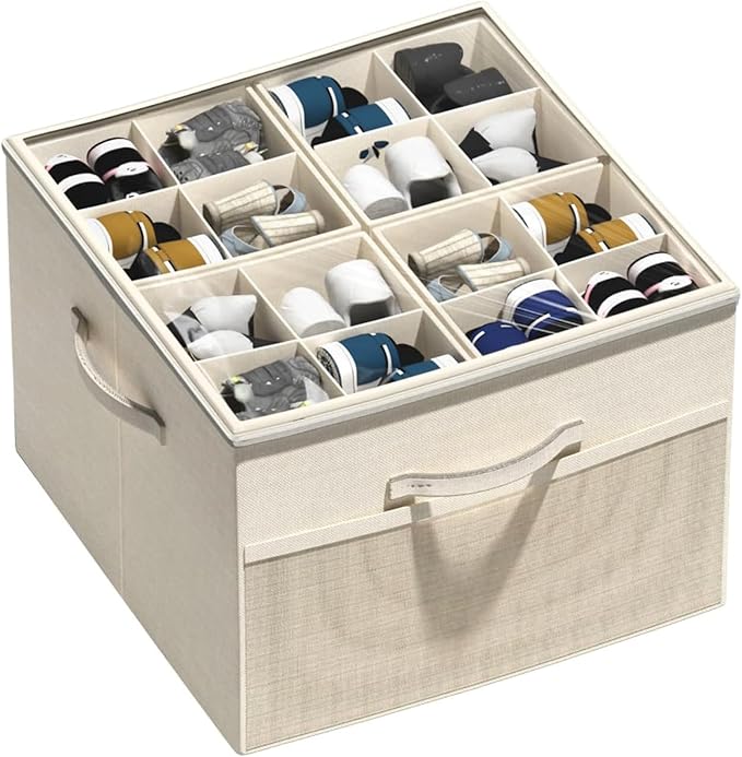 Leosoria Shoe Organizer for Closet, Foldable Shoe Storage Organizer Box Bin with Adjustable Dividers and Clear Cover, Fits up to 16 Pairs (Beige)