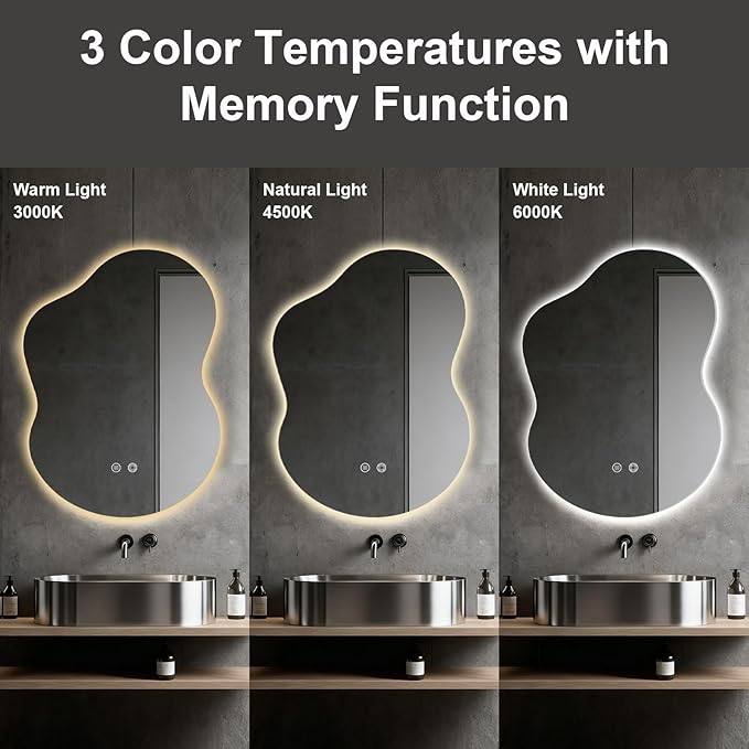 Asymmetrical Lighted Mirror for Bathroom,Modern LED Vanity Mirror with Backlit,Fog-Free,Tri-Color Dimmable Lighting with Memory Function,Hardwire Ready [Horizontal/Vertical] 30" H x 22" W
