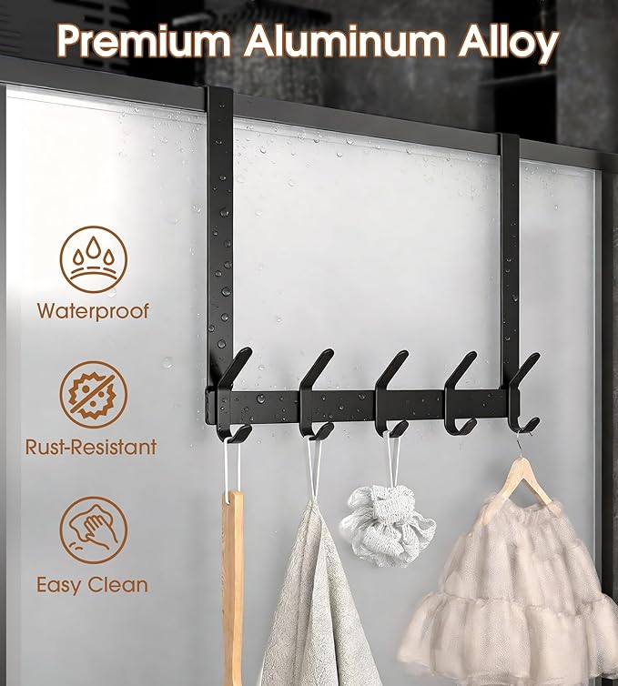 Long Over The Door Hooks Hanger with 15.75" Arms for Easier Access by Shorter, J16U, Perfectly Fits US Standard 1 3/4-inch Doors, Towel Rack Bathroom Organizer Holder, Rustproof, Black