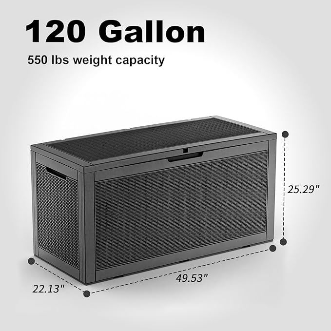 Vixzen 120 Gallon Waterproof Large Deck Box, Lockable Resin Outdoor Storage Box with Hydraulic Lid, Durable Storage Bin for Patio Furniture Cushions, Garden Tools, Pool Accessories, Black