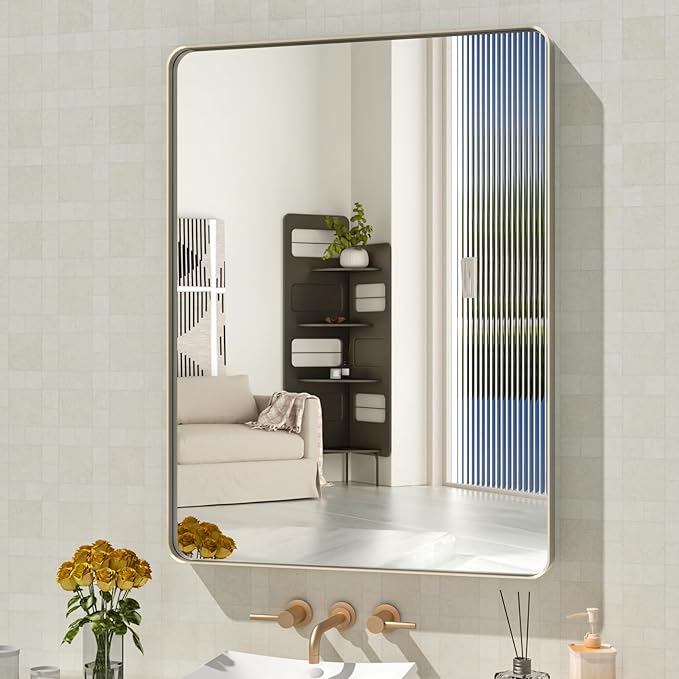 WEER 28X36 Inch Brushed Nickel Bathroom Mirror, Brushed Silver Metal Frame Mirror, Rounded Rectangle Silver Bathroom Vanity Mirror, Tempered Glass, Anti-Rust, Hangs Horizontally or Vertically