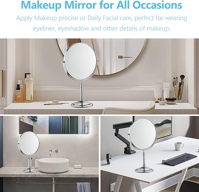 Silver Makeup Mirror 1X/10X Free Standing 8 Inches 360 Swivel Dual-Sided Tabletop Makeup Mirror, Metal
