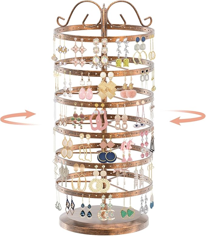 iDavosic.ly 6 Tier Metal Rotating Earring Holder Organizer, 264 Holes Large Stud Storage Display Stands Tree Rack, Adjustable Pierced Hoop Dangle Tower for Women, Bronze