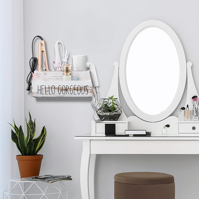 Bivvclaz Hair Tool Organizer, Rustic White Wood Hair Dryer Holder Countertop, Wall Mount Hot Tools Organizer for Hair Styling Accessories, Bathroom Supplies Vanity Caddy for Curling Wand, Blow Dryer