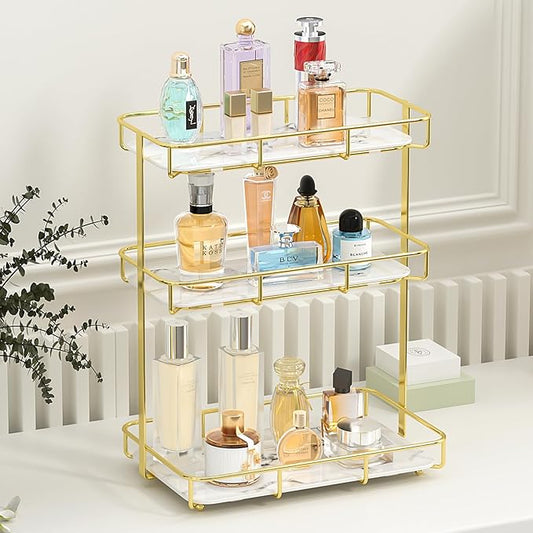 Bathroom Organizer Countertop Perfume Organizer Makeup Organizer Cosmetics Storage Display Rack Vanity Tray Dresser Stainless Steel Gold Shelf White Marble Ceramic Tray