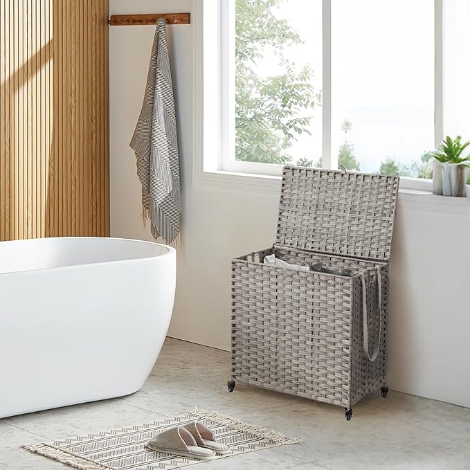 Laundry Hamper with Wheels, 39.6 Gallon(150L) Rolling Laundry Basket with Lid, Removable Large 2 Color Liners & 3 Mesh Laundry Bags, Clothes Hamper with Side Pocket, Grey