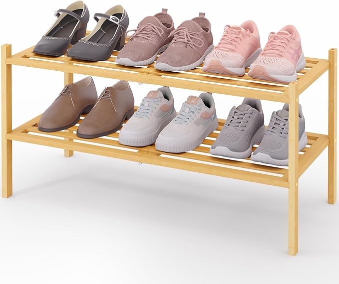 Smiry Bamboo Shoe Rack 2-Tier, Stackable Wooden Shoe Organizer for Entryway & Closet, Free Standing Wood Shoe Storage Shelf for Front Door & Small Spaces, Natural