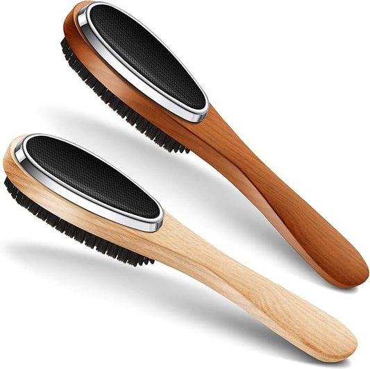 Patelai 2 Pieces 3 in 1 Lint Cloth Brush Double Sided Garment Brush Lint Remover Shoe Horn Beech Wood Handle for Clothes Wool Coat Couch Pet Hair, Random Color