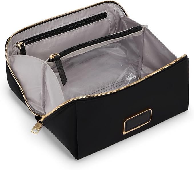 TUMI - Voyageur Dallas Cosmetic Bag - Lay-Flat Travel Makeup Organizer - Packable Travel Kit - Black with Gold Hardware