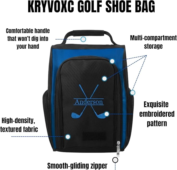 Personalized Golf Shoe Bag for Men, Custom Golf Bag with Embroidered Name, Zipper Sports Shoe Carrier with Top Strap and Side Pockets for Socks, Towels, Gloves, Large Capacity, Golfer Gifts