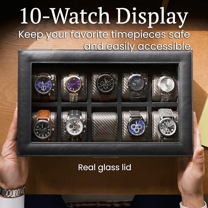 HOUNDSBAY Mariner Watch Box for Large Watches, PU Leather Watch Organizer, Black Carbon Fiber Watch Case Box Men