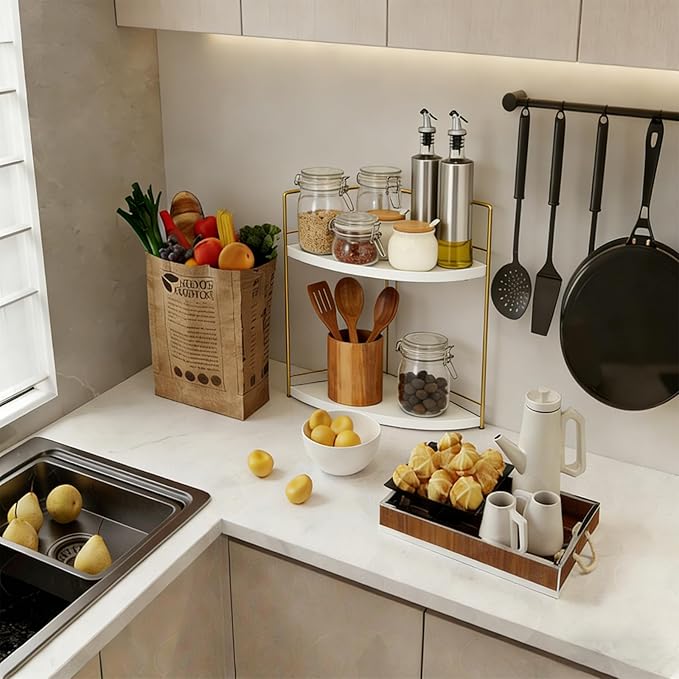 Bathroom Countertop Organizer, 2 Tier Wood Bathroom Counter Organizer, Vanity Organizers Corner Shelf for Makeup, Perfume, Skincare,Bedroom and Kitchen Storage (2 Tier,White and Gold)