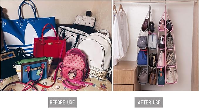 AARAINBOW 2 Packs Hanging Handbag Purse Organizer for Closet, Womens Purse Storage Organizers, Hand Bag Organizer Holder 8 Pockets Space Saving, 46 L x 13.8W (C-Gray Pink)