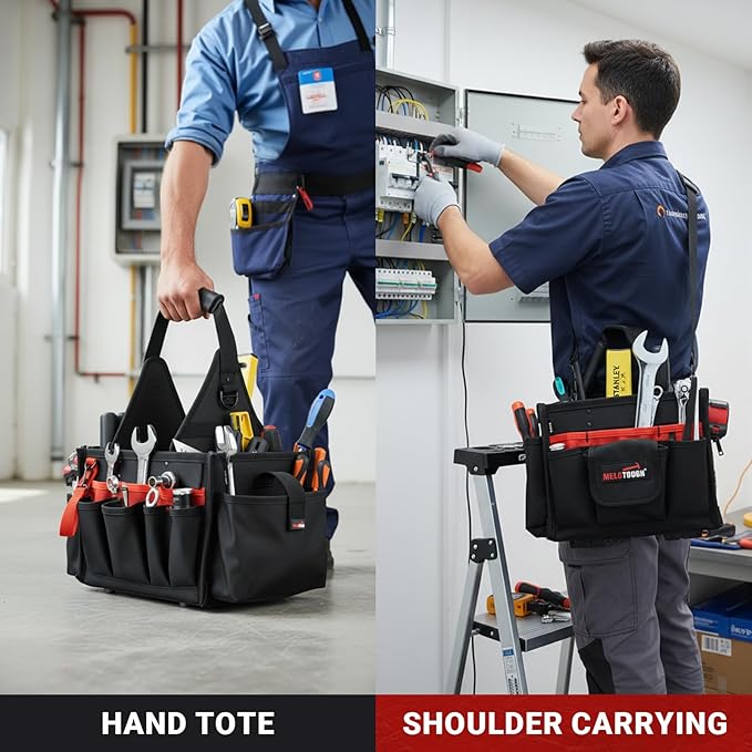 MELOTOUGH Electrical and Maintenance Tool Carrier 24-Pocket Large Electrician Tool Pouch Bag Open Top Tools Tote Bag with ‌Waterproof Base & Dual Carry Handle‌ for Gardeners/Technician