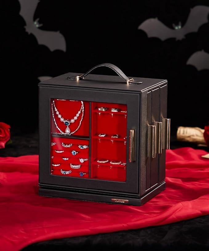 Homde Valentine's Day Gifts Jewelry Box 360° Rotating, Necklace Earring Organizer with Transparent Window, Mirror, 7 Drawers, Large Ring Display Storage Case for Girls Women (Black + Red)