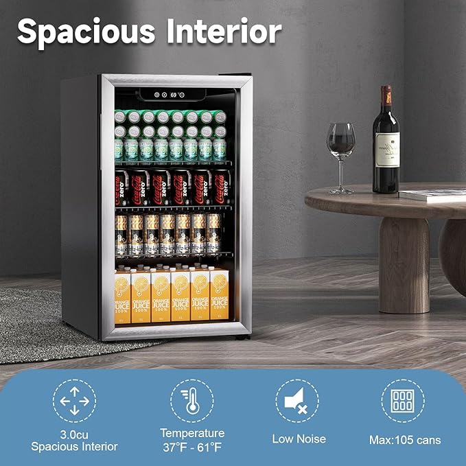 3.0 Cu.ft Beverage Refrigerator Cooler, 105 Can Mini Fridge with Glass Door, Digital Temperature Display for Soda, Beer or Wine For Office Bar with Adjustable Removable Shelves