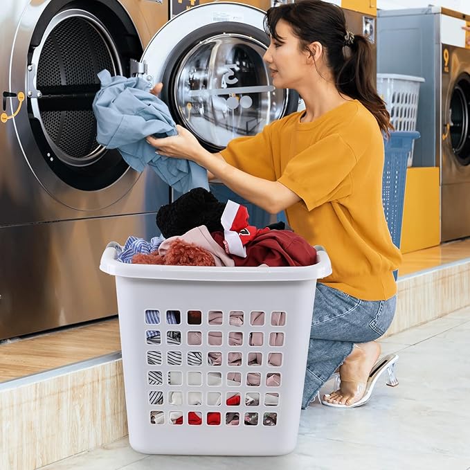 4 Packs 66 L Large Plastic Laundry Basket with Handle, 2 Bushel Plastic Laundry Hamper, Clothes Basket, White